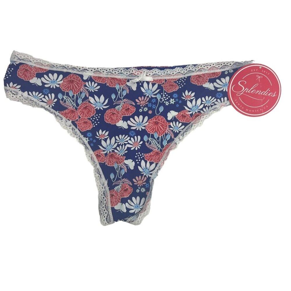 Splendies Colorful Floral Pattern White Lace Trim Thong Panty Womens Size Small